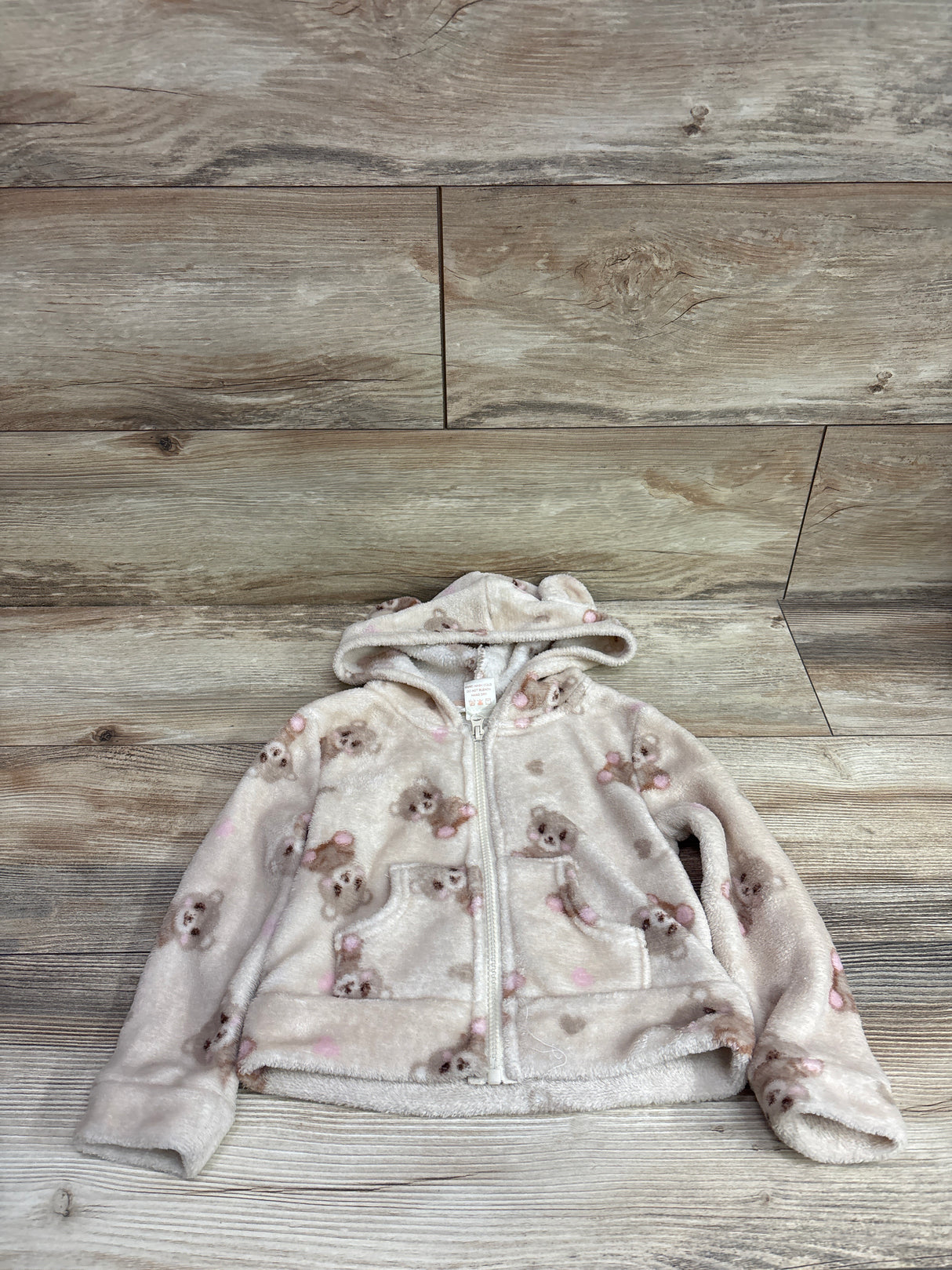 Emma & Elsa Bear Print Plush Full-Zip Jacket Beige sz 3T