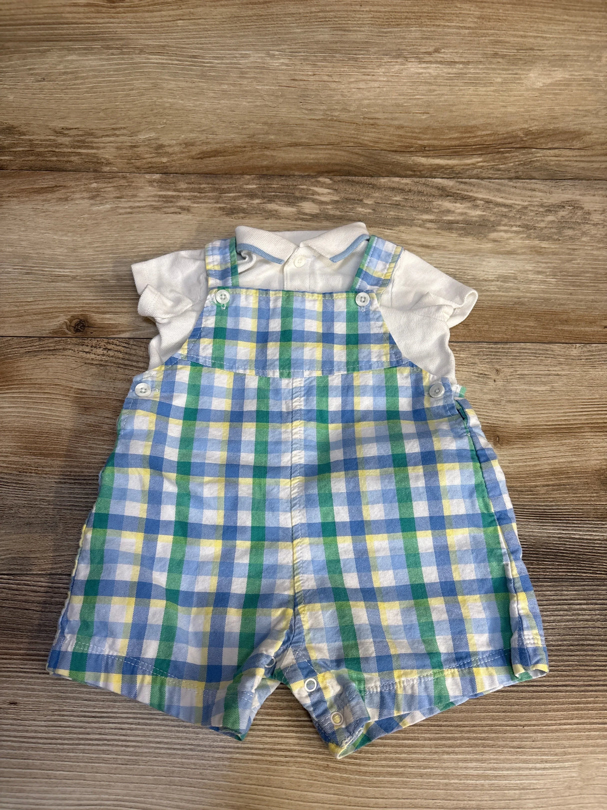 Baby boy outfit with blue green yellow plaid overalls and white polo shirt, kids clothing resale