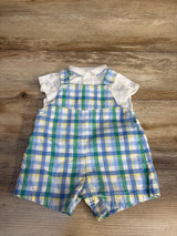 Baby boy outfit with blue green yellow plaid overalls and white polo shirt, kids clothing resale