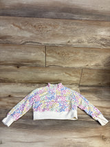 Front view of Jumping Beans floral half-zip sweatshirt in ivory, size 4T, with ribbed trim on wood background