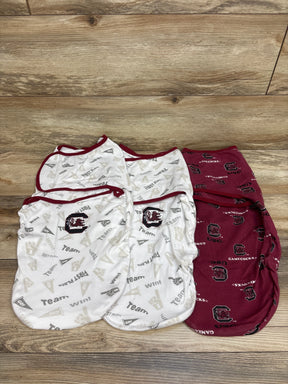 Top view of three South Carolina Gamecocks swaddle wraps in white and garnet with team logos and patterns