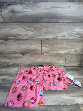 Front view of girls' pink Disney Princess 2pc button-up pajamas with button-front top and elastic pants on wood floor