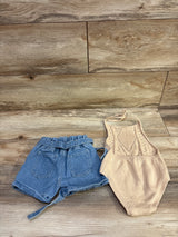 Bailey's Blossoms 3pc Knit Halter Romper & Belted Denim Shorts Beige sz 12-18m