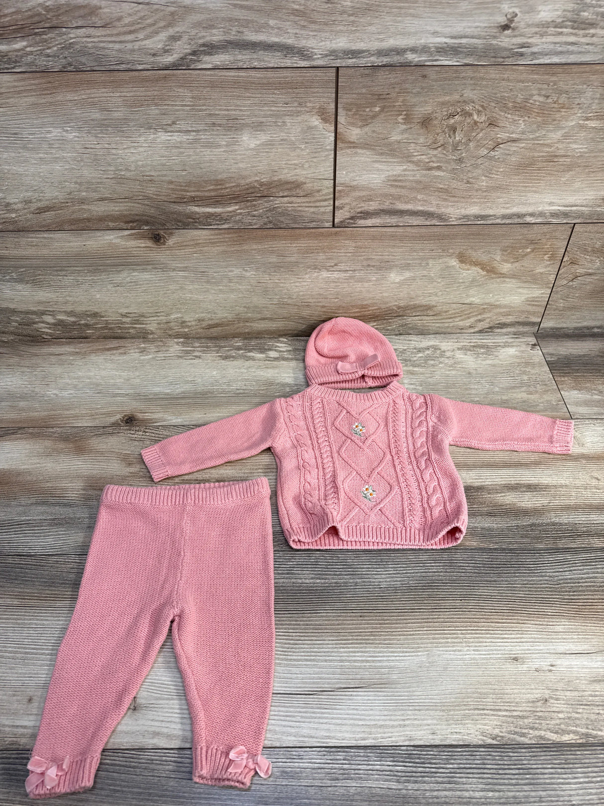 Nicole Miller 3pc Cable Knit Sweater & Pants Set Pink s sz 0-3