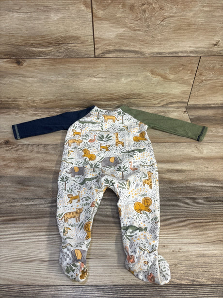 Flat-lay of raglan safari-print footed coverall with navy and olive sleeves, animal motifs, size 6-9 months, on light wood background