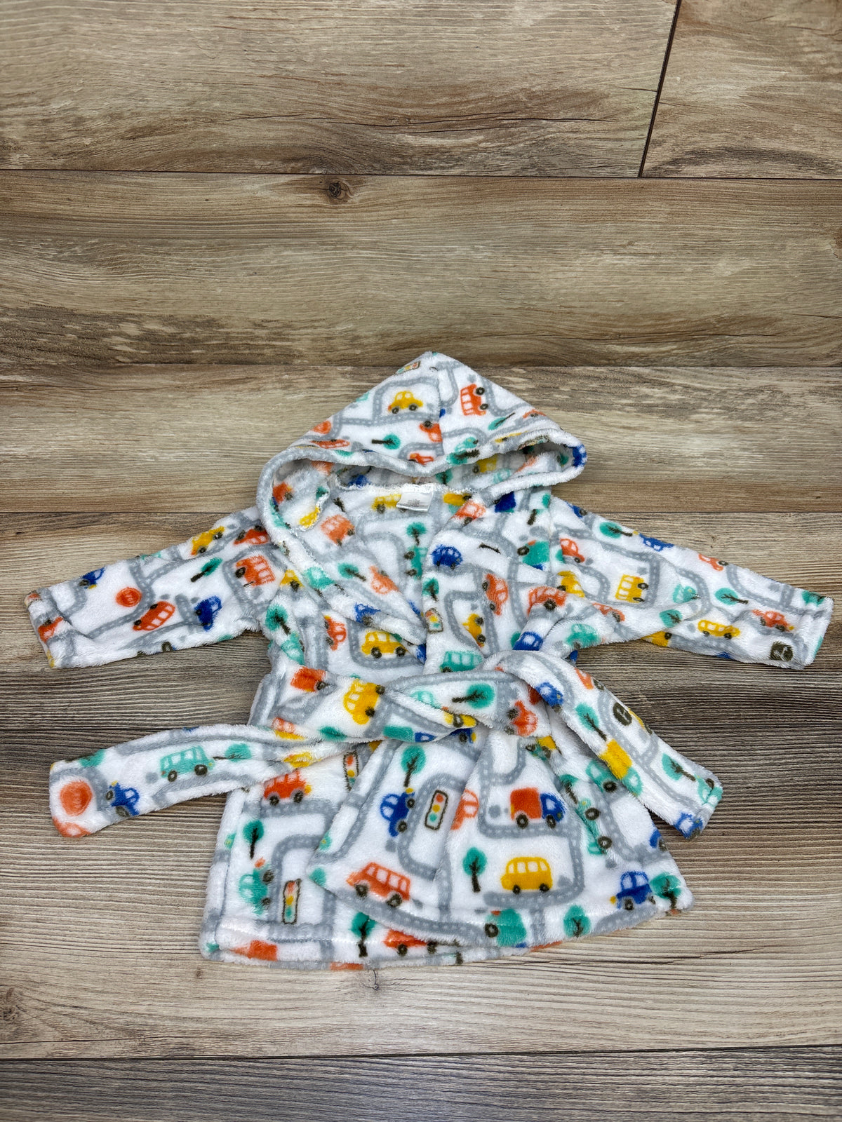 Car Print Plush Hooded Bath Robe White sz 0-9m
