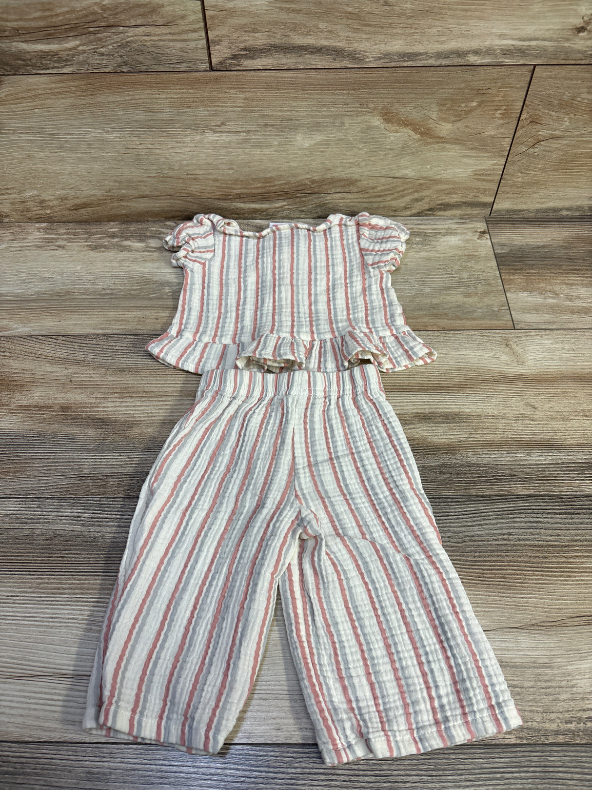 Little Lass 2pc Gauze Striped Peplum Top & Pants Set Ivory sz 12m