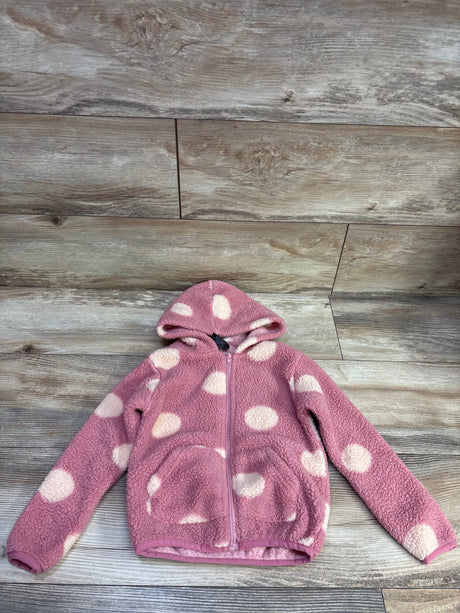 Front view of My Destiny Sherpa Hooded Jacket showing pink sherpa fabric, heart pattern, hood, zip, and pockets on wood floor