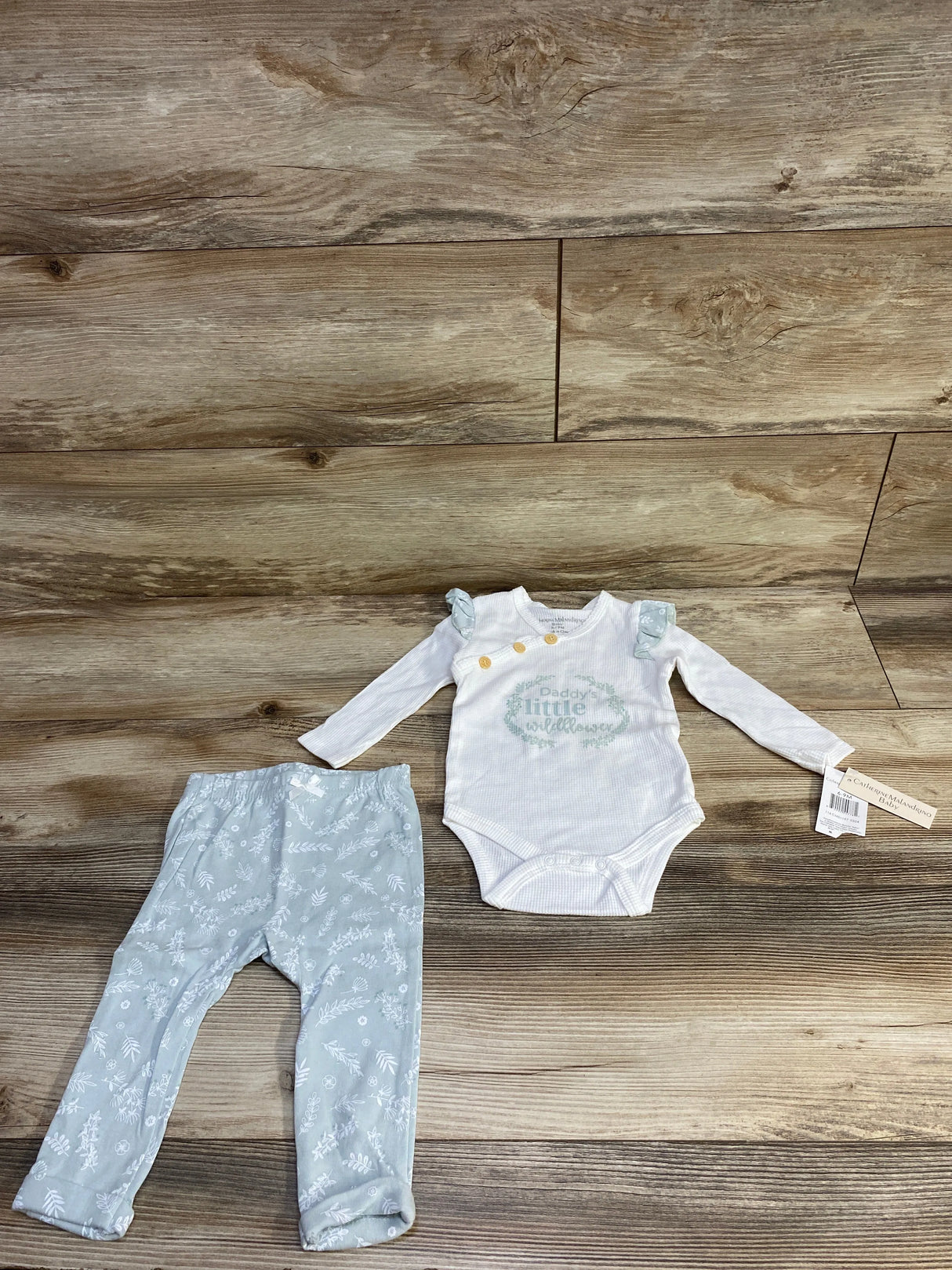 Catherine Malandrino 2pc Floral Waffle Knit Bodysuit & Pants Set White sz 6/9m
