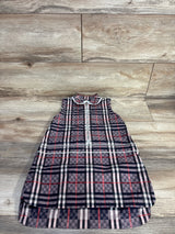 Flat-lay of Burberry Carlotta checked sleeveless dress (4T) showing front zipper and Peter Pan collar on wood background