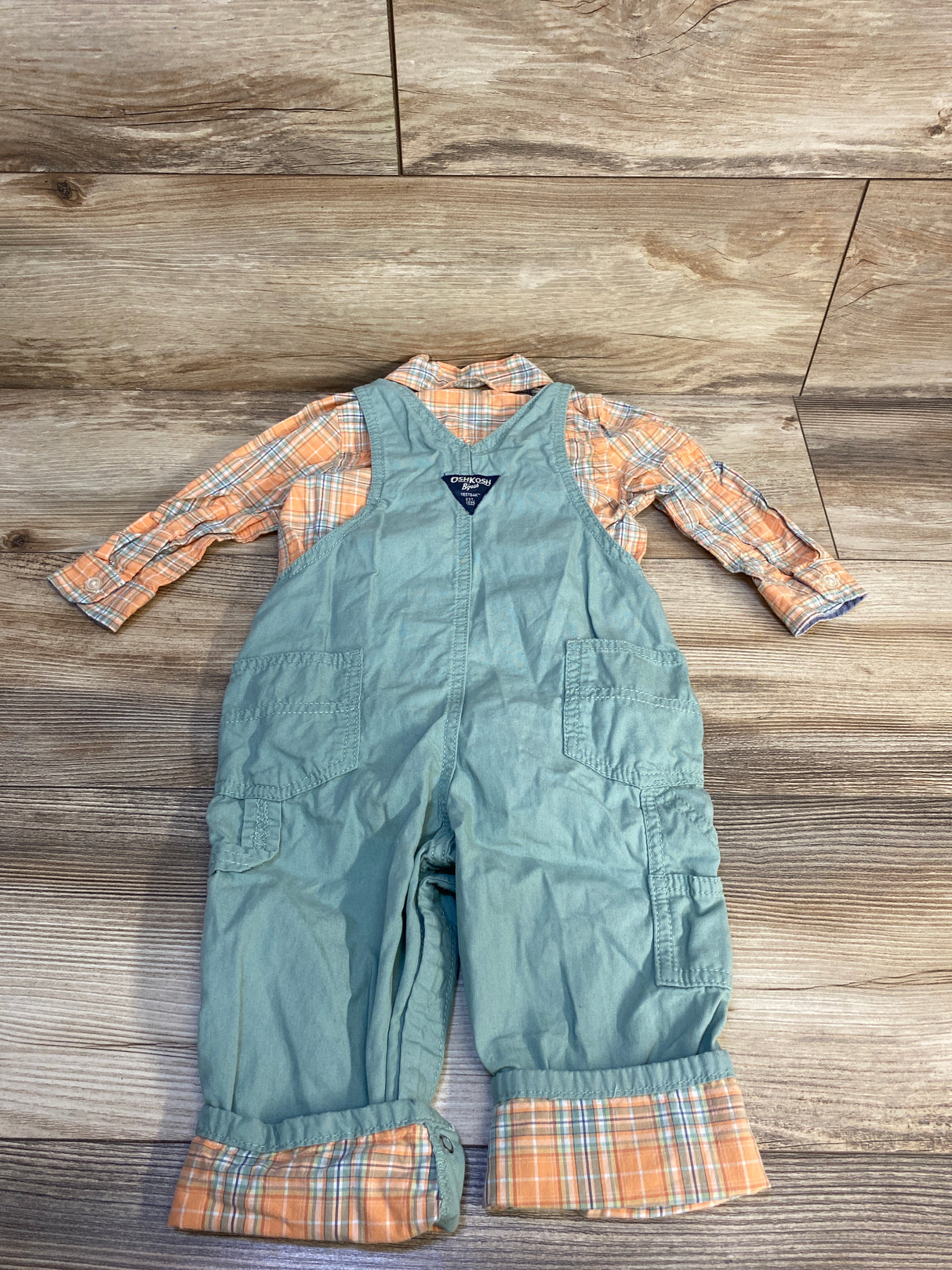 OshKosh 2pc Plaid Shirt & Overalls Set Orange sz 18m