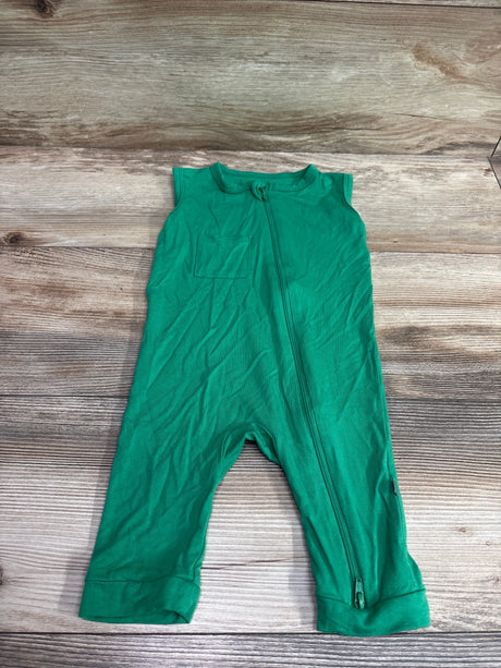 Kyte Baby sleeveless green bamboo zip romper for infants, laid flat on a wooden surface