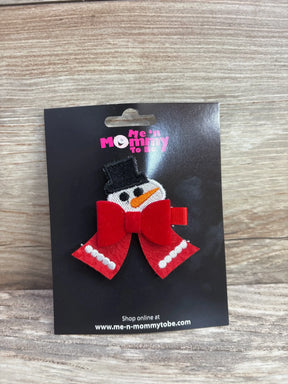Snowman hair bow with red scarf and black hat, festive kids accessory for winter holidays