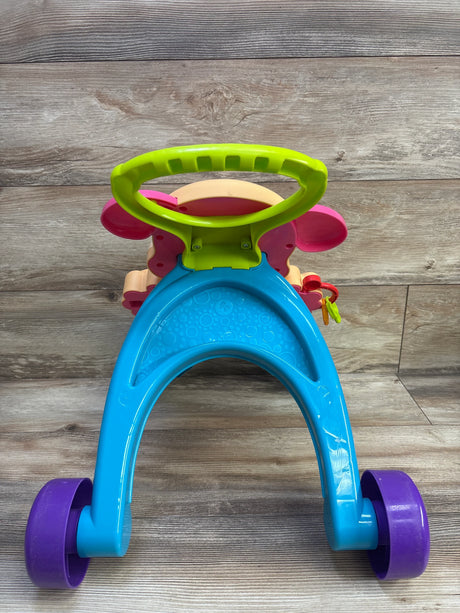Front view of Fisher Price puppy walker showing green handle, blue arch and purple wheels on wood floor
