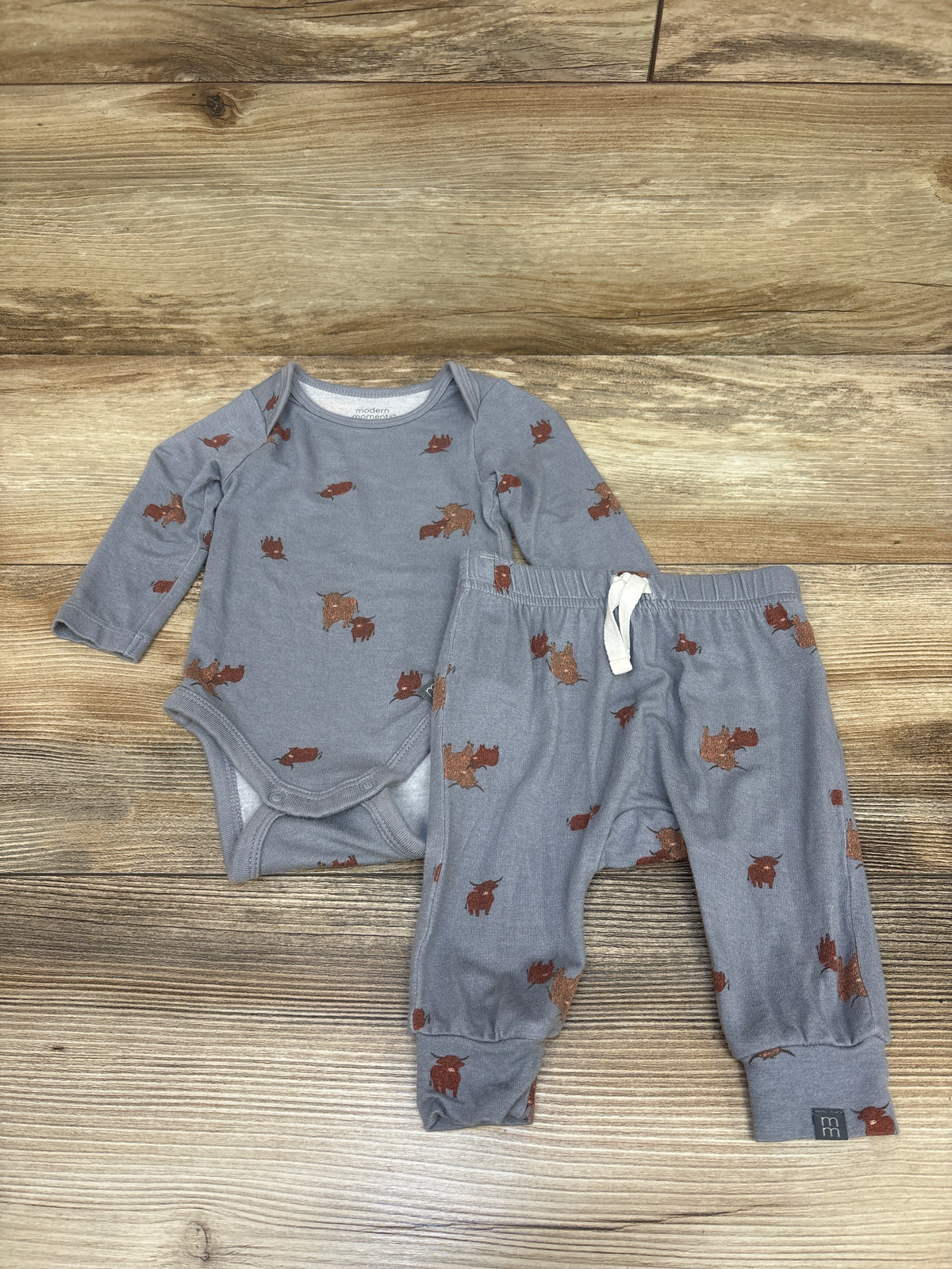 Modern Moments 2pc Highland Cow Viscose Bodysuit & Pants Set Slate sz 0-3m