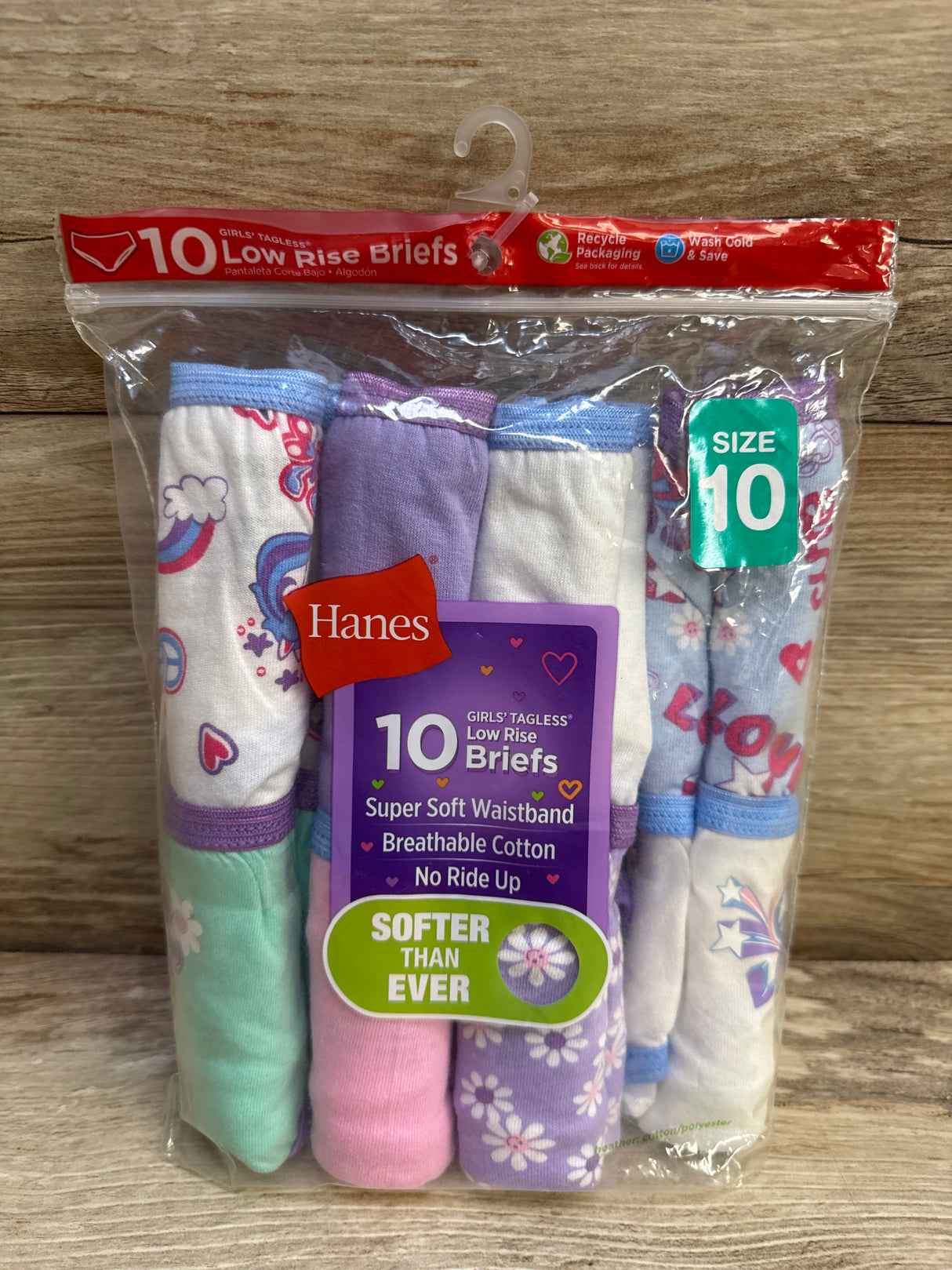 NEW Hanes Girls' Tagless Low Rise Briefs 10pk sz 10