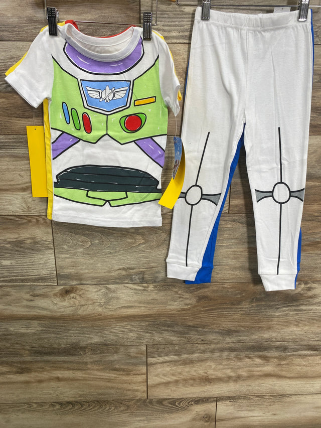 Children's Buzz Lightyear costume pajamas with printed top and matching white pants hanging on clips