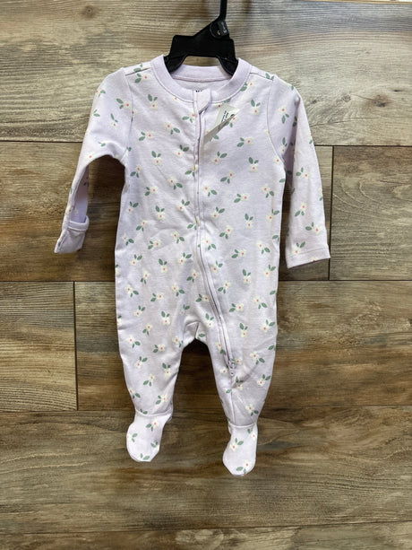 Front view of a new Old Navy purple baby sleeper in size 0-3m showcasing floral print, zip front, and footed design