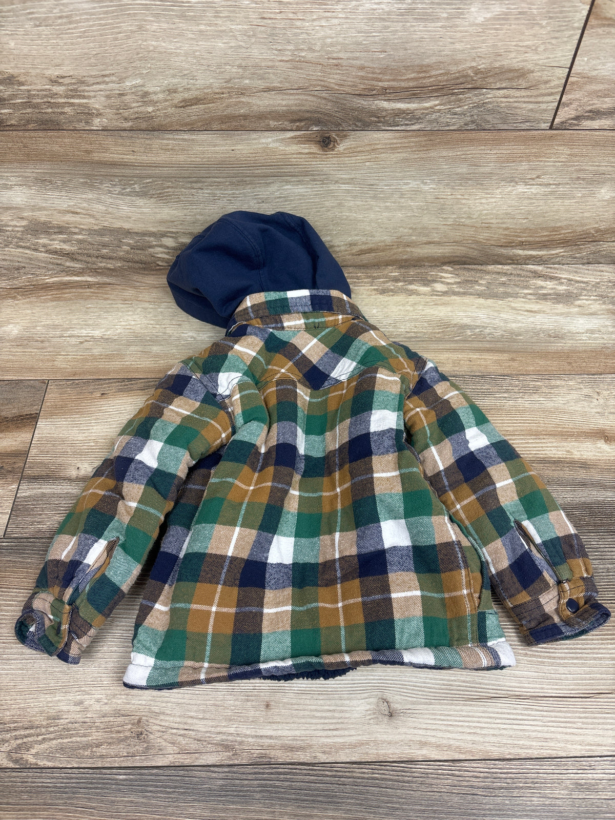 Aspen Hooded Sherpa-Lined Flannel Shacket Green sz 3T