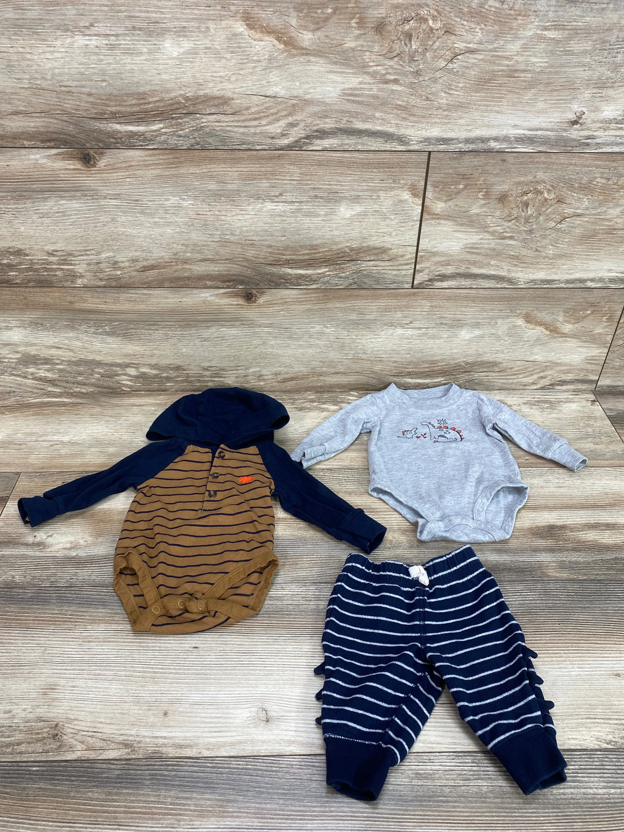 Carter's 3pc Hooded Dino Striped Bodysuit Set Navy/Brown sz 3m