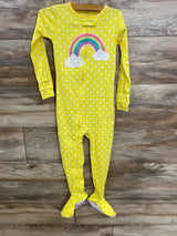 Yellow polka dot baby footed pajamas with rainbow applique, perfect for kids' sleepwear