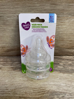 Front view of Parent's Choice 3-pack wide-neck silicone nipples with 6+ months fast-flow label on wood