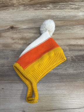 Knit baby hat with candy corn stripes and white pom-pom, cozy fall accessory for infants