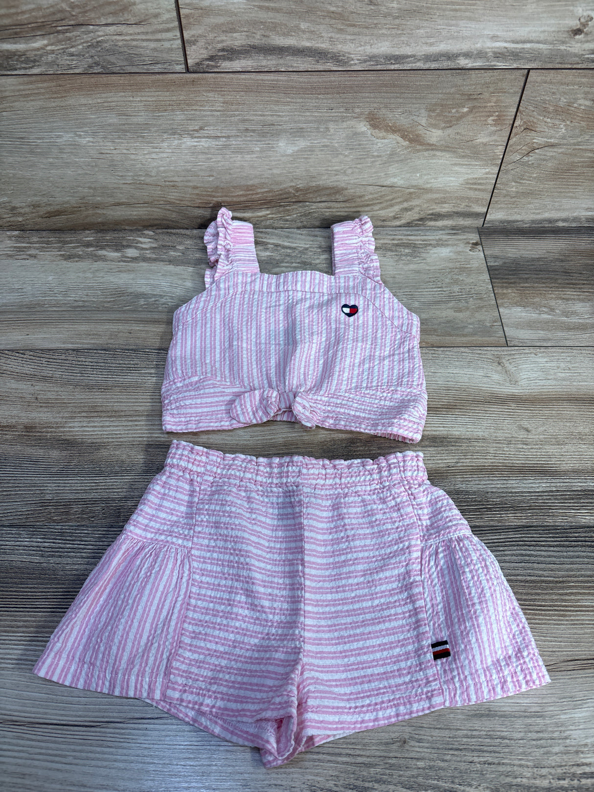 Tommy Hilfiger 2pc Seersucker Cropped Tank Top & Shorts Set Pink sz 3T