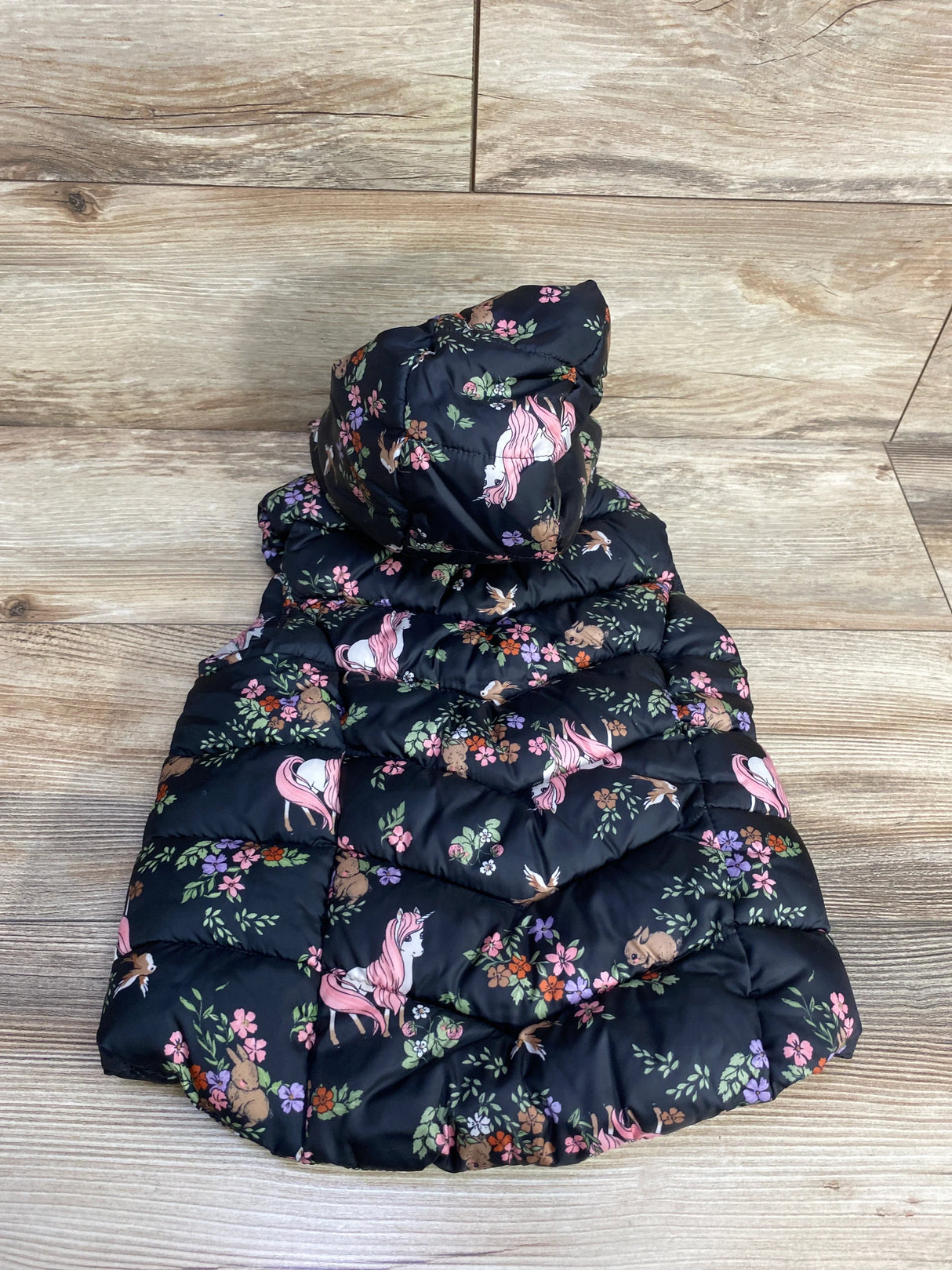 H&M Floral Unicorn Puffer Vest Black sz 3-4T