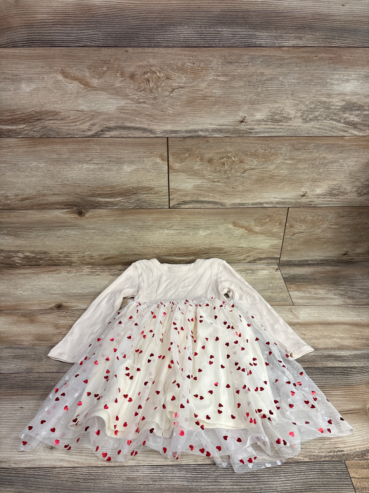 NEW H&M Long Sleeve Heart Print Tulle Dress Cream sz 3/4T