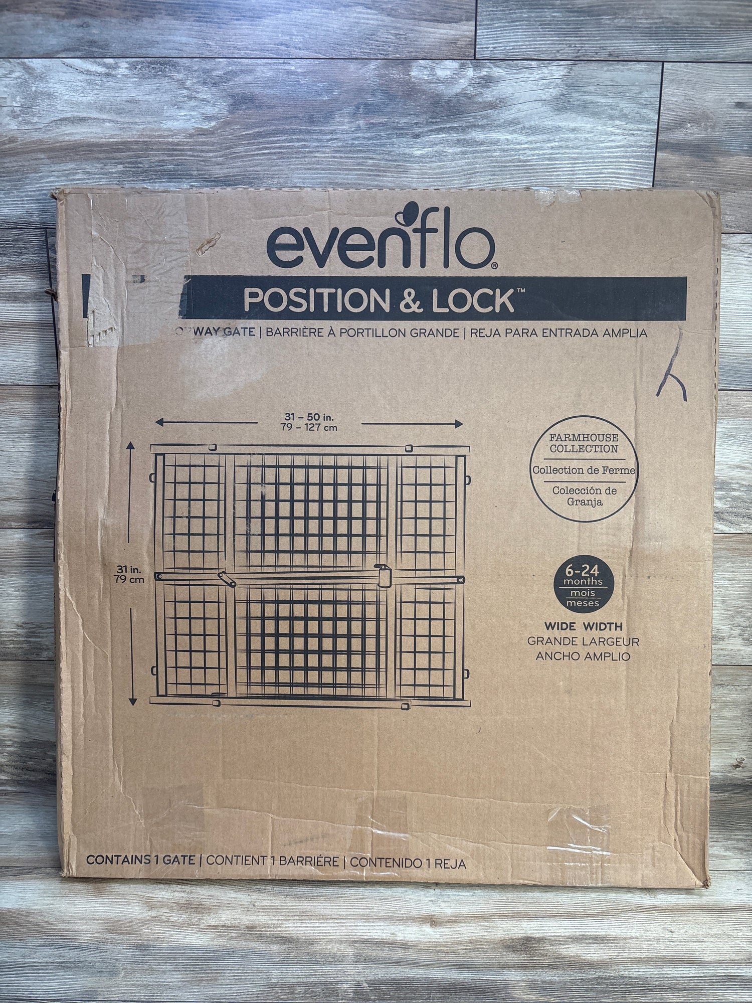 NEW Evenflo Position & Lock Tall & Wide Doorway Gate in Farmhouse Collection