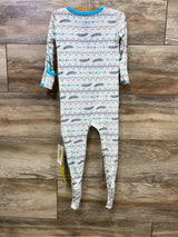 Long sleeve baby sleeper with geometric and feather print, blue trim, displayed on wood background