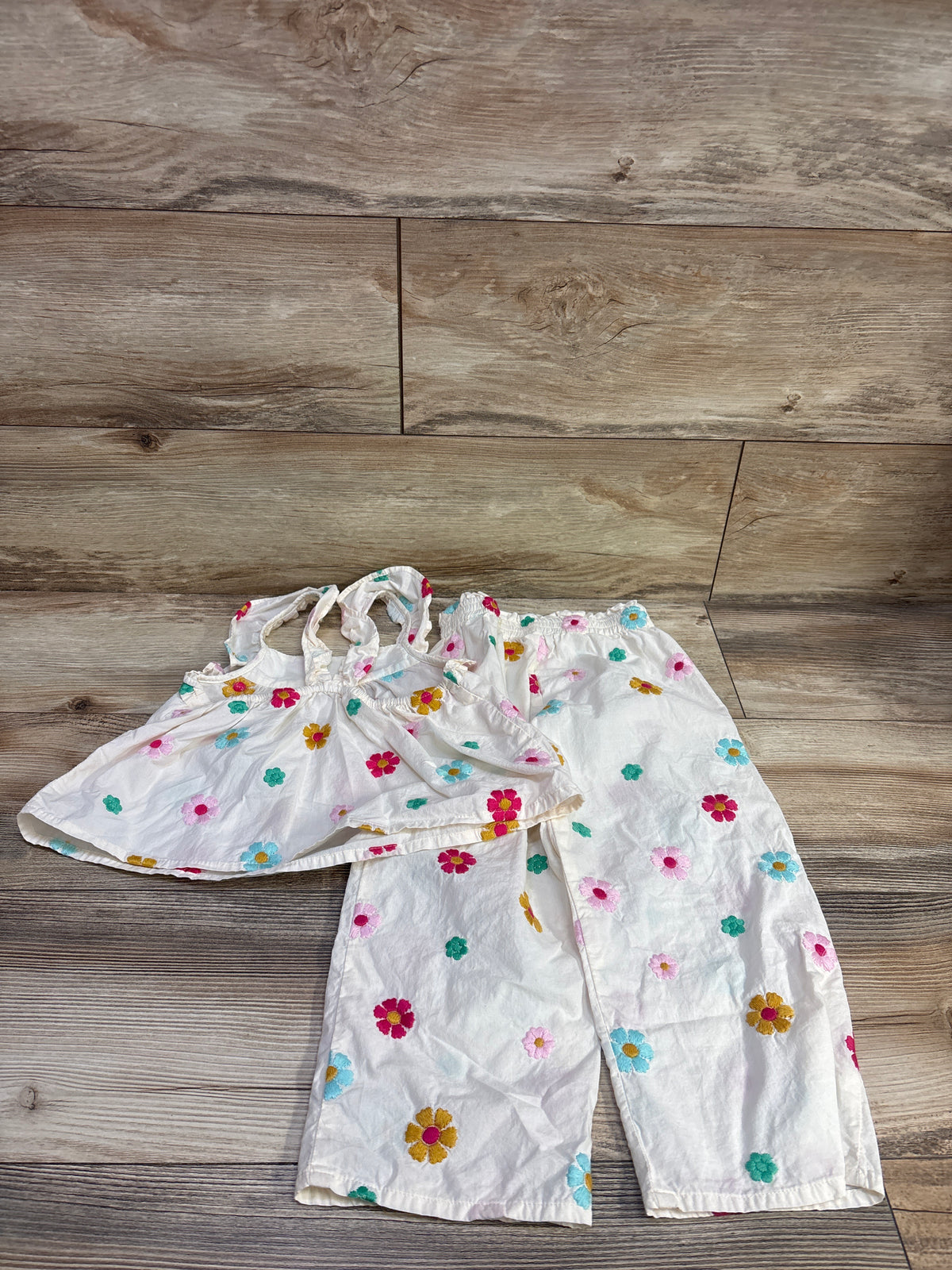 Zara 2pc Embroidered Flower Top & Pants Set Ivory sz 5T
