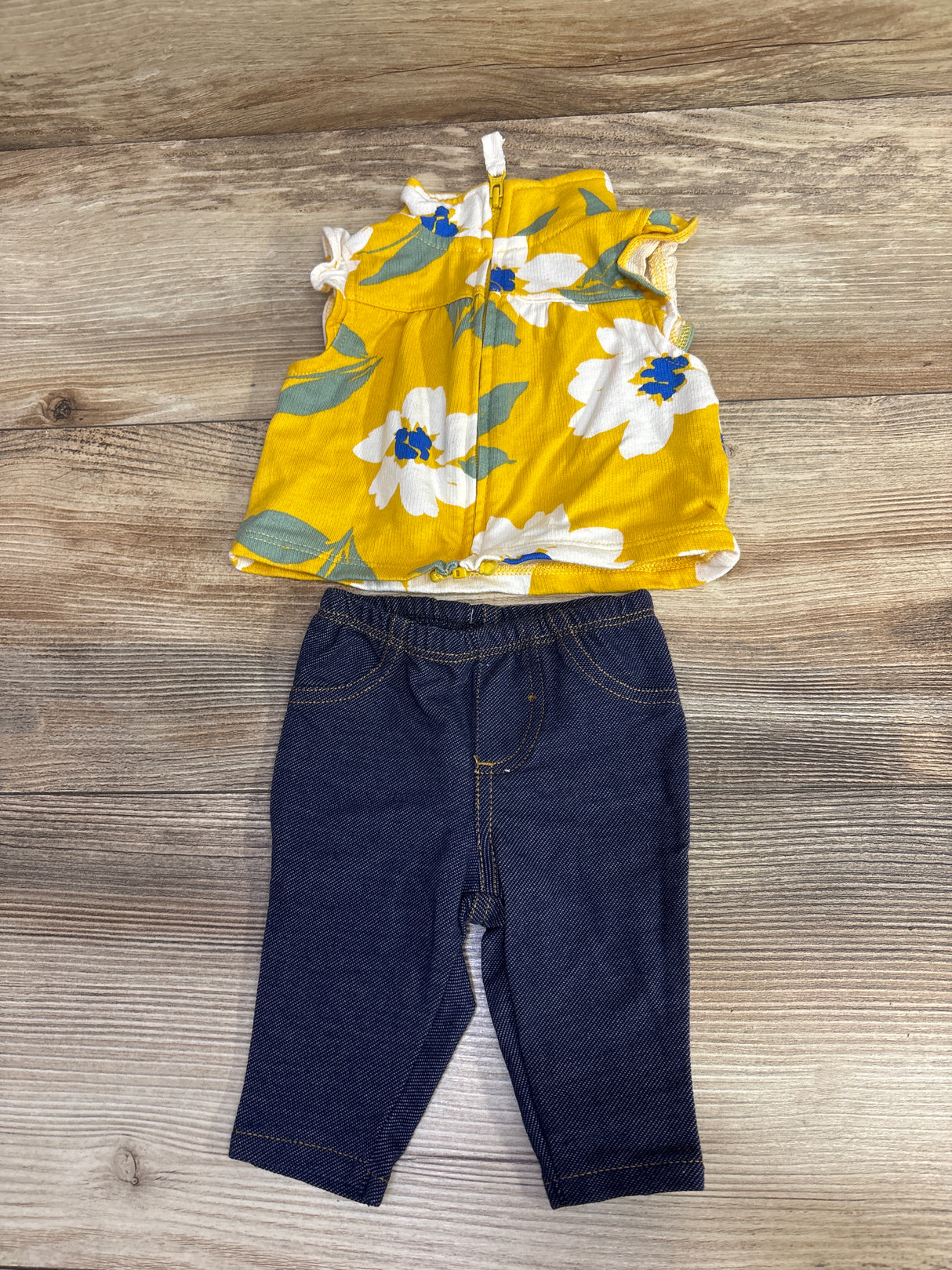 Just One You 2pc Floral Sleeveless Shirt & Chambray Bottoms Set Yellow sz Newborn