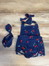 2pc Cherry Print Ruffle Romper + Headwrap Navy sz 12m