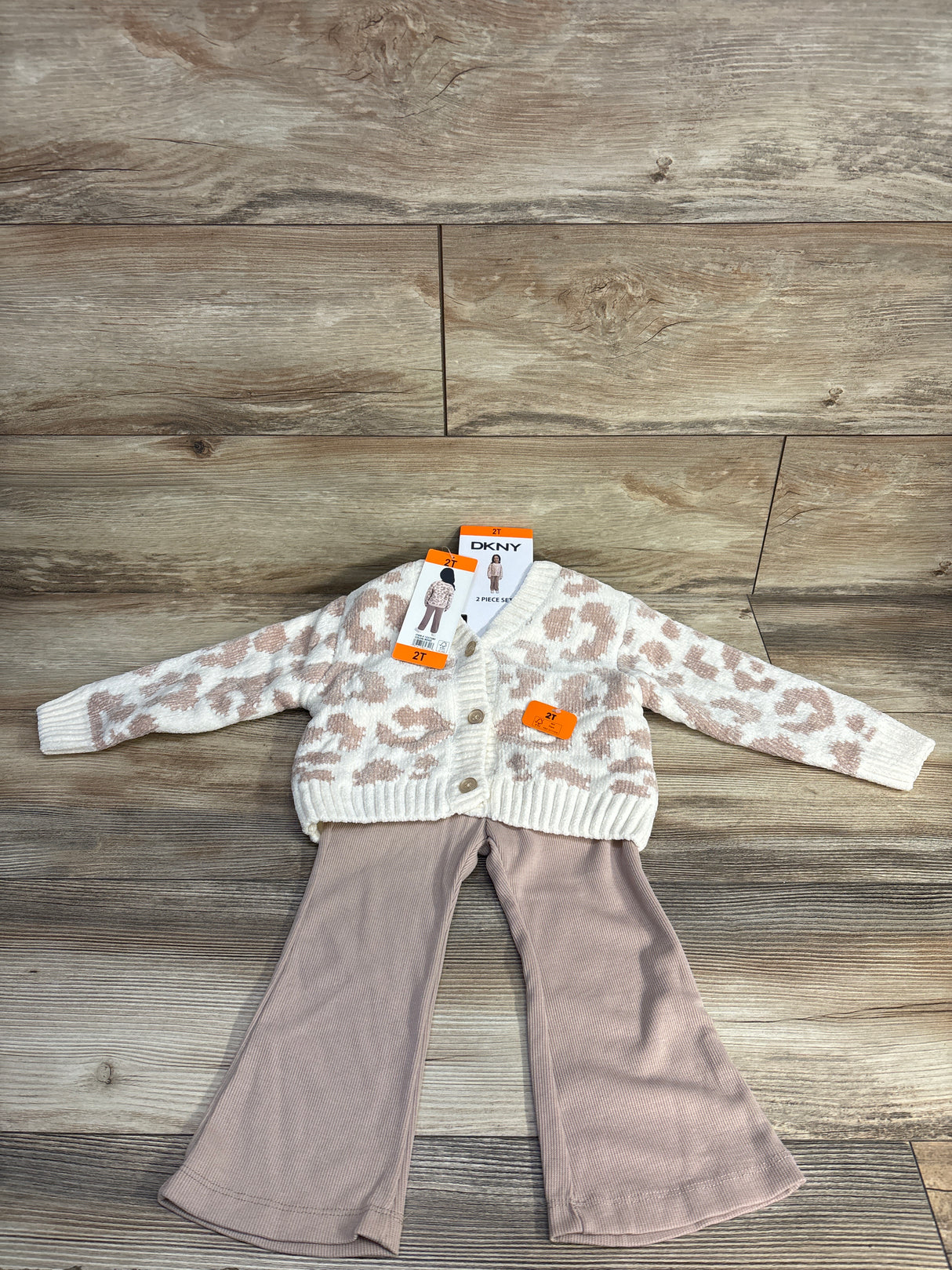NEW DKNY 2pc Leopard Print Cardigan & Ribbed Pants Set Beige sz 2T