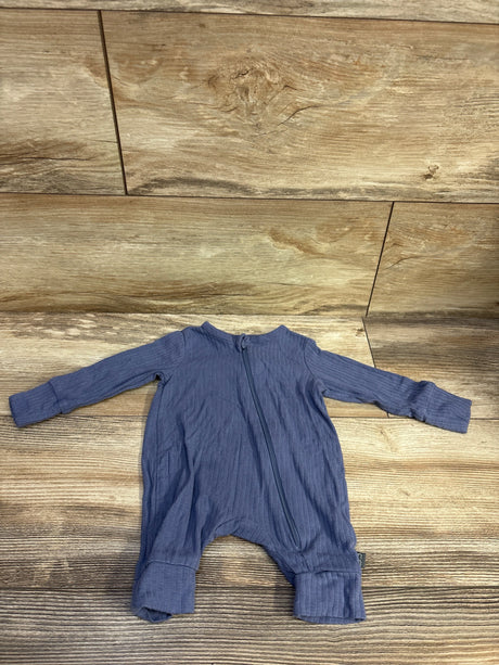 Front view of blue ribbed footless viscose sleeper showcasing full length zipper and long sleeves on a wood floor