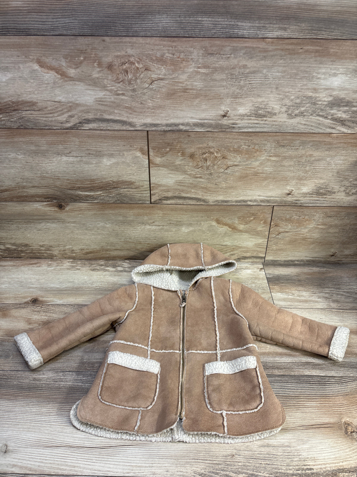 Zara Reversible Faux Shealing Hooded Jacket Tan sz 18/24m
