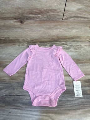 Pink long sleeve baby bodysuit with ruffle shoulders, size 6-9 months, tag attached