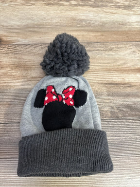 Gray kids beanie hat with large pompom and cartoon mouse head with red polka dot bow