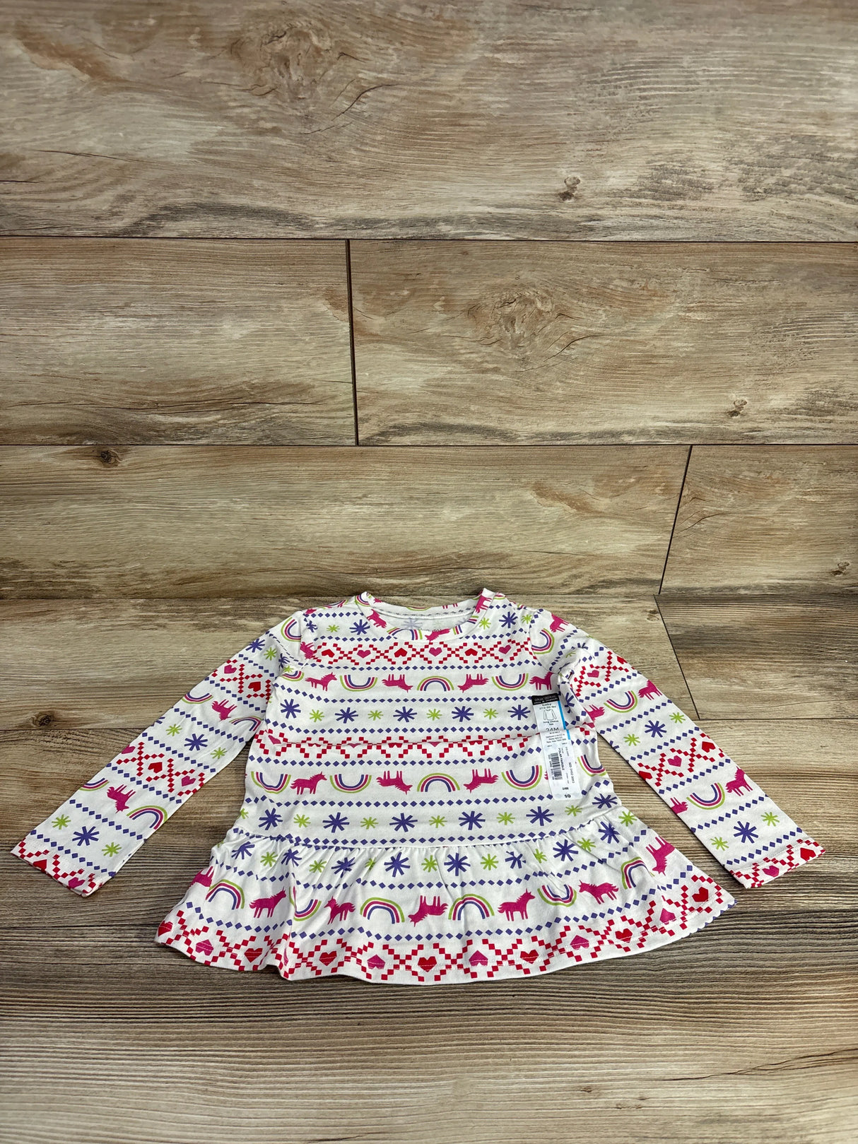 NEW Okie Dokie Unicorn Fair Isle Peplum Shirt White sz 24m