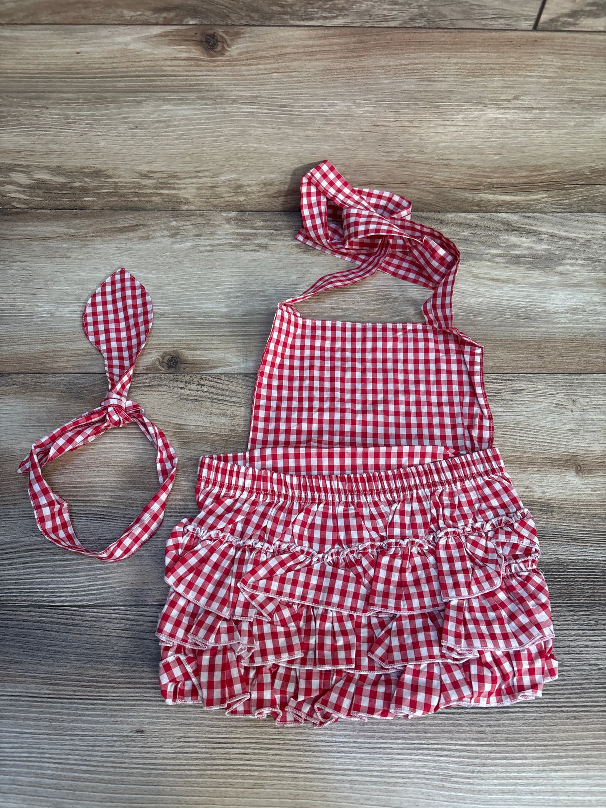 2pc Checkered Ruffle Romper + Headwrap Red sz 18-24m