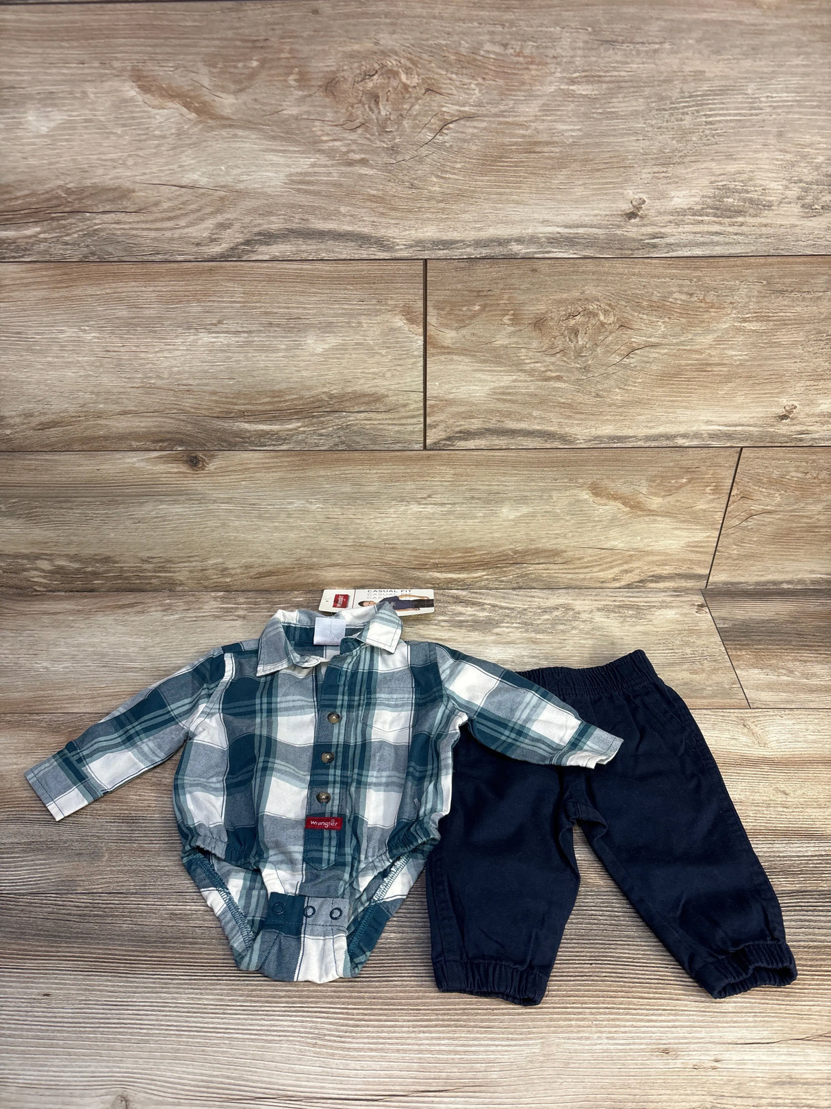 NEW Wrangler 2pc Plaid Button-Up Bubble Romper & Pants Set Blue sz 6m