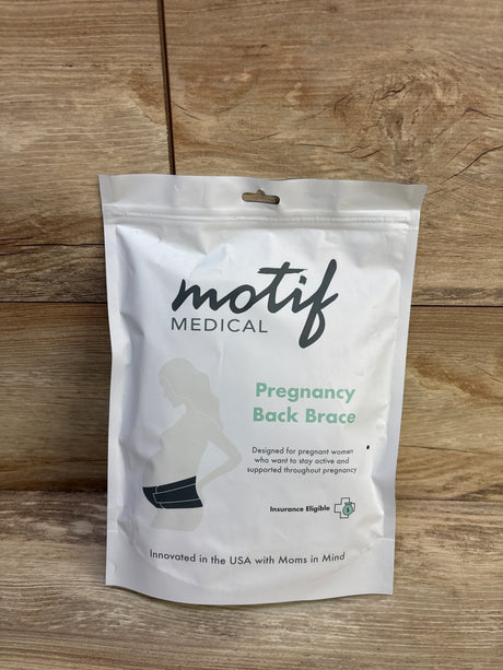 Front view of Motif Pregnancy Back Brace package showing silhouette and dark support belt illustration on wood background