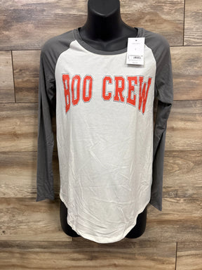 Gray and white long sleeve maternity shirt with 'BOO CREW' in red, displayed on mannequin for Halloween.