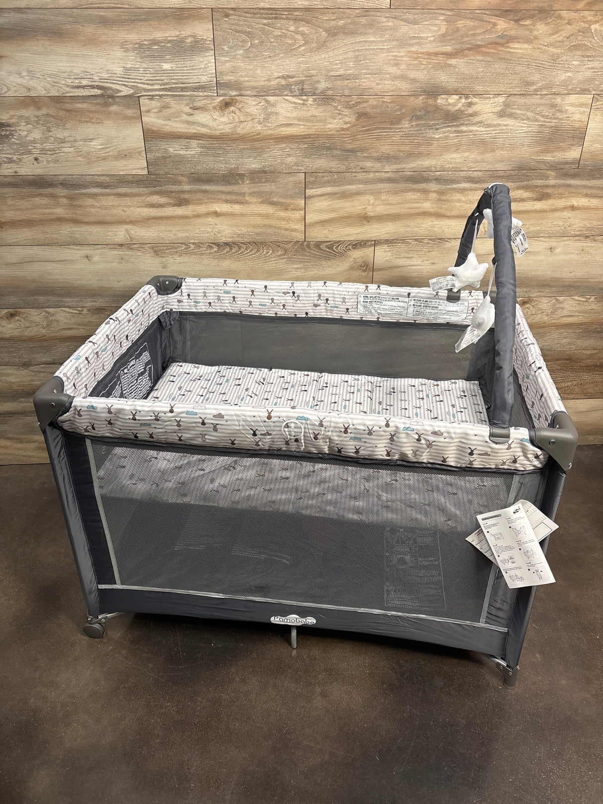 NEW Pamo Babe Portable Playard w/ Mat & Toy Bar, Grey