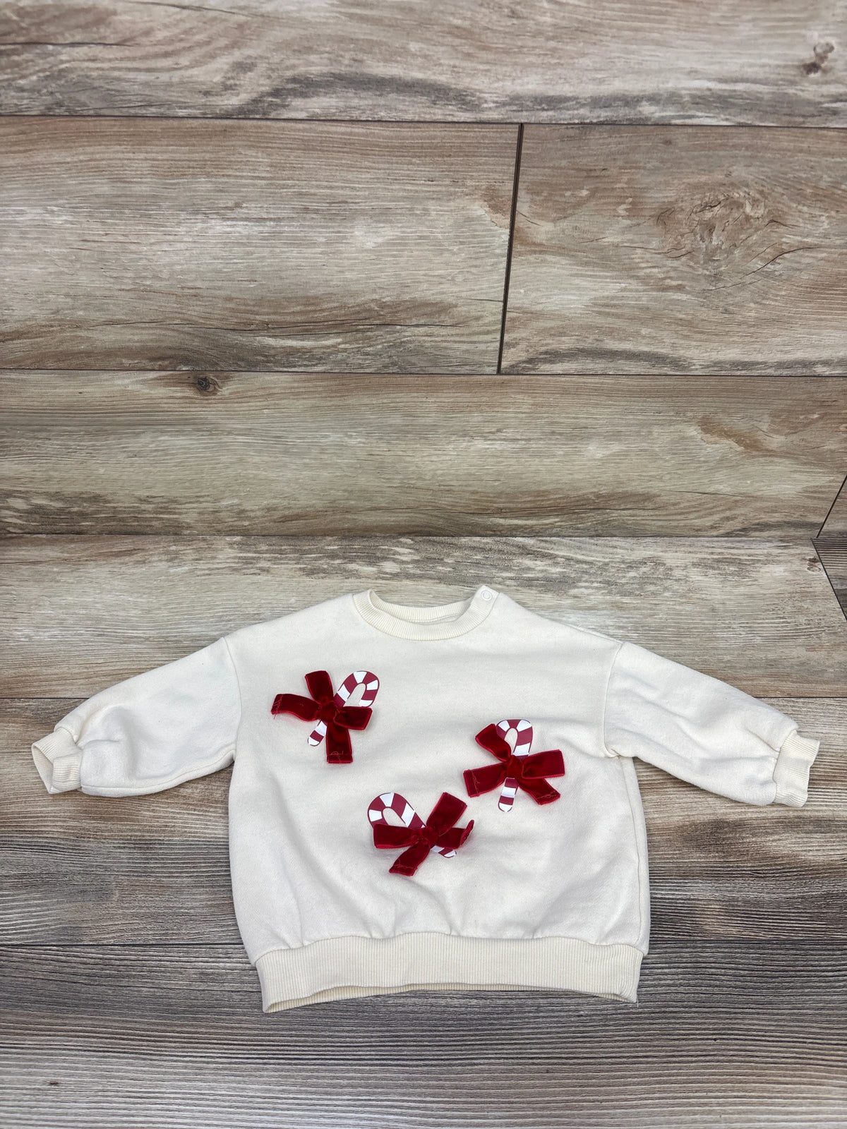 H&M Candy Cane Velvet Bow Pullover Sweatshirt Ivory sz 6m