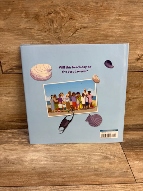 Back cover of Big Family Beach Day hardcover showing family photo and headline ‘Will this beach day be the best day ever?’