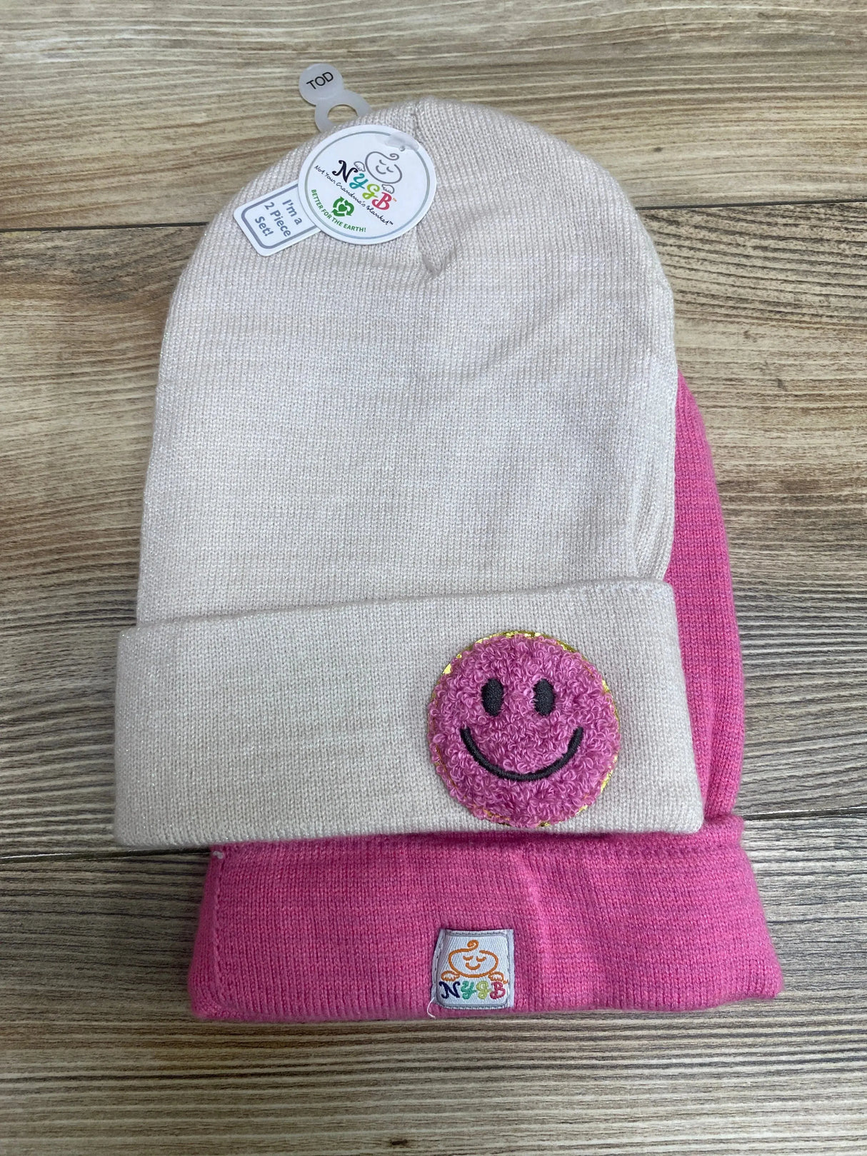 NEW NYGB 2Pk Pink/Beige Happy Face Beanies Sz 12-24m