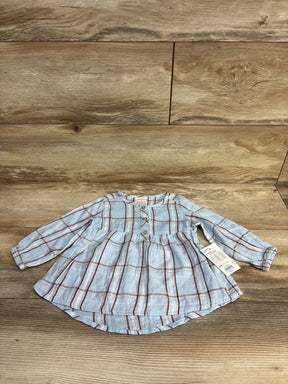 Baby girl long sleeve plaid dress in light blue and brown on wooden floor